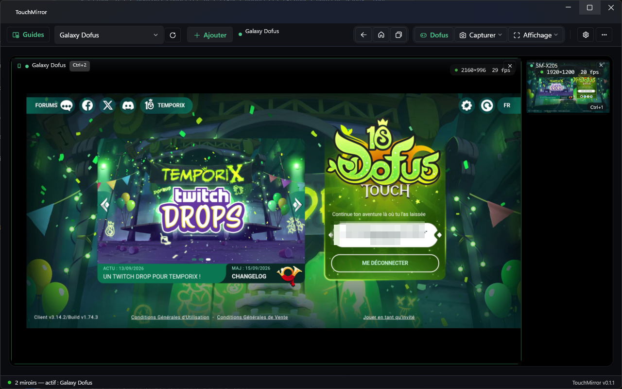 Interface TouchMirror affichant Dofus Touch